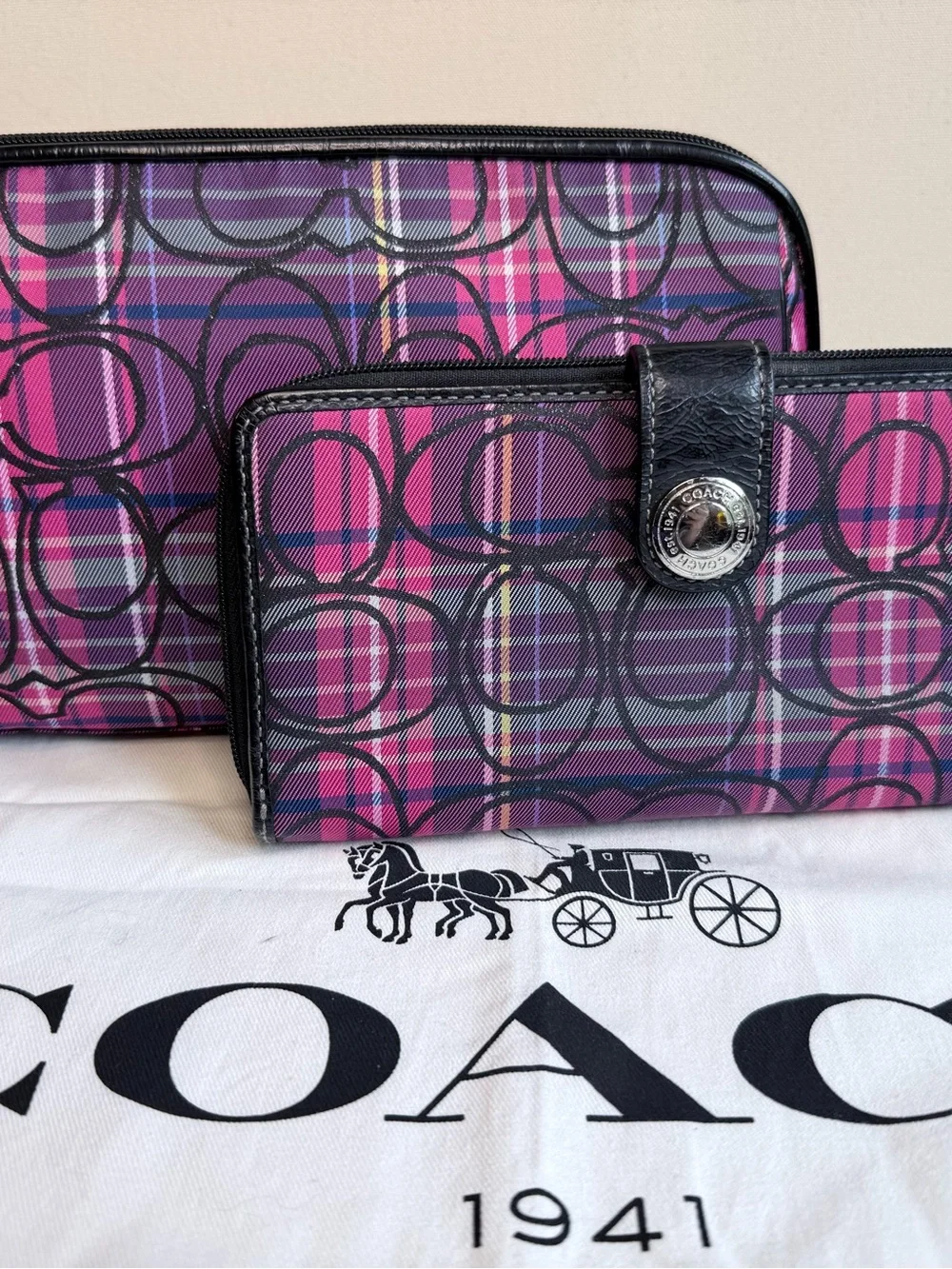 Coach Poppy Plaid Trio — Satchel + Wallet + Makeup Case - EUC + Dust Bag